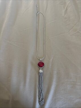 Silver Tassel Necklace with Red Stone Pendant - Women Jewelry